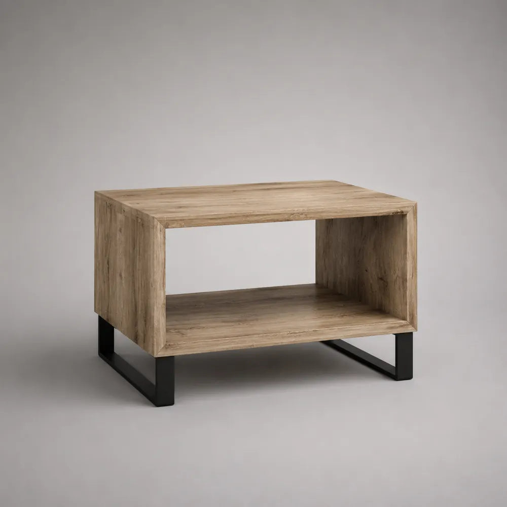 Tavolino da caffè soggiorno 100 x 60 x 45 cm legno MDF impiallacciato rovere naturale struttura in acciaio nero forma rettangolare con ripiano inferiore aperto