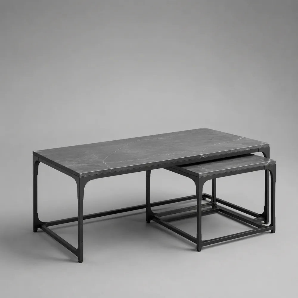 Tavolini da caffè set 2 pezzi 120x60x45 cm e 55x55x40 cm piano effetto marmo grigio struttura in acciaio verniciato nero forma rettangolare