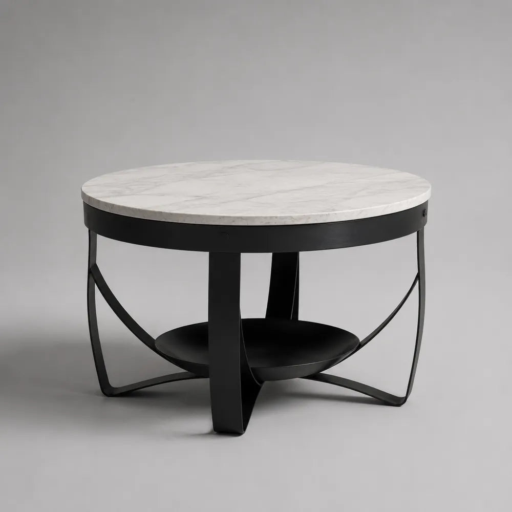 Tavolino da caffè rotondo 80 x 80 x 40 cm piano in pietra effetto marmo bianco struttura in acciaio verniciato nero con ripiano inferiore forma circolare