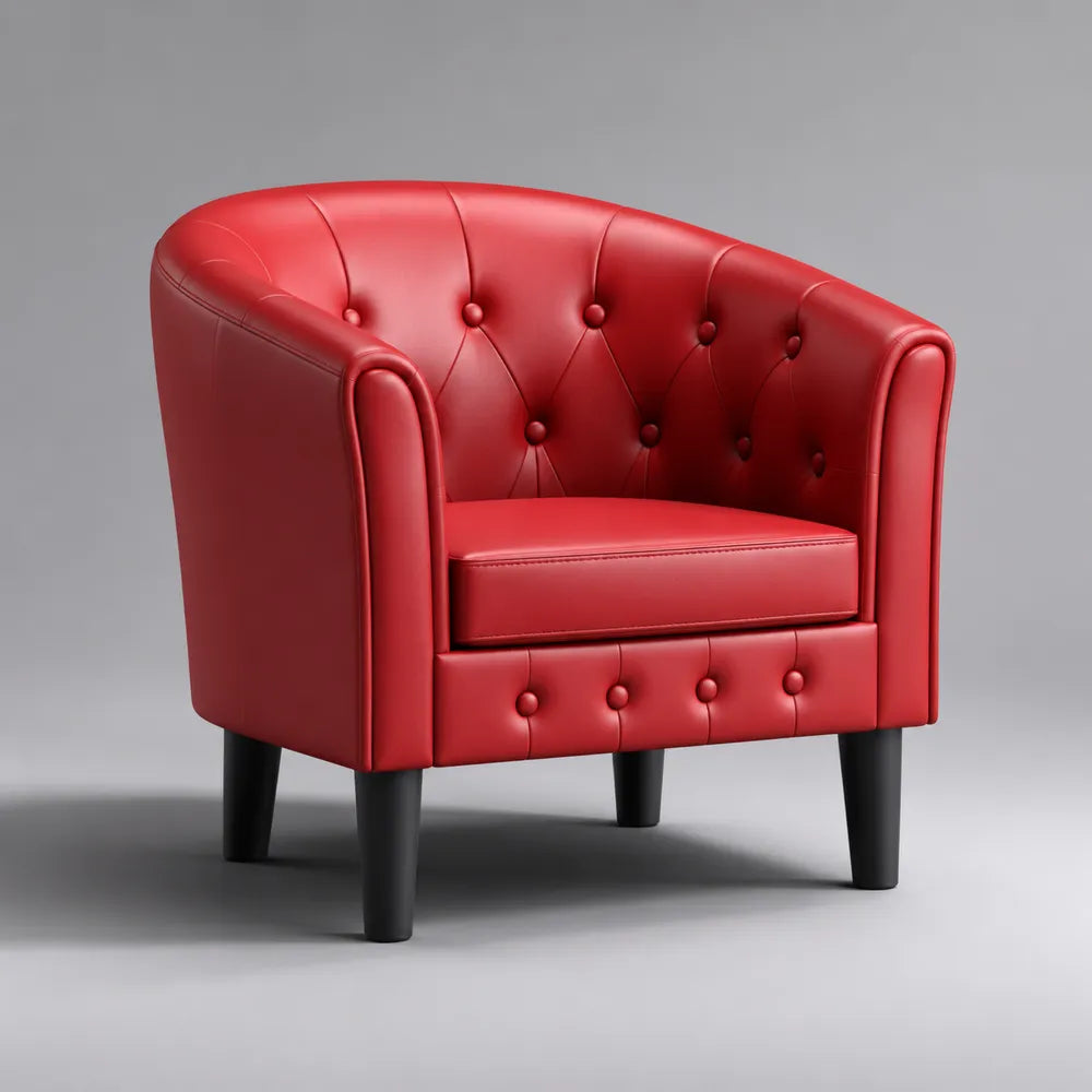 Poltrona imbottita 75 cm 70 cm 72 cm rivestimento in pelle sintetica rossa struttura in legno con gambe nere forma avvolgente con braccioli
