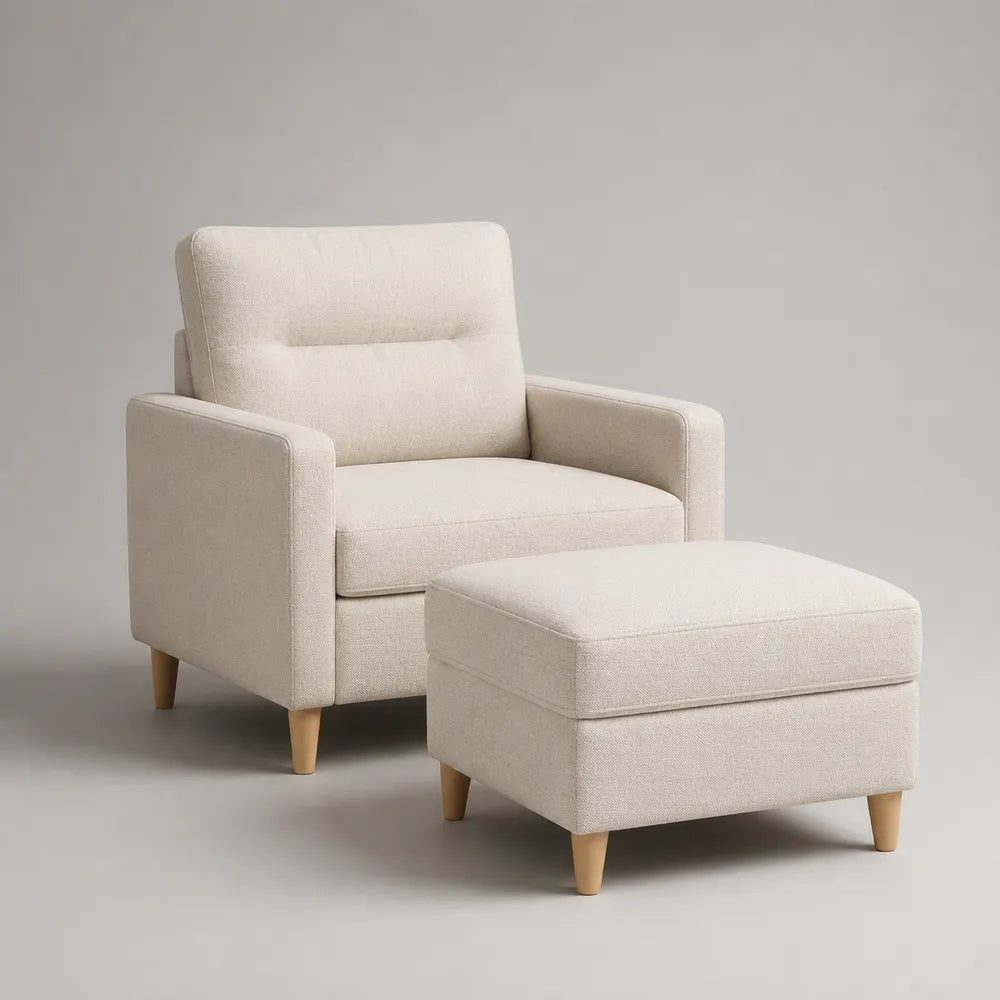 Poltrona con pouf 78 cm 82 cm 86 cm set 2 pezzi rivestimento in tessuto poliestere beige struttura in compensato gambe in legno massello forma rettangolare arrotondata