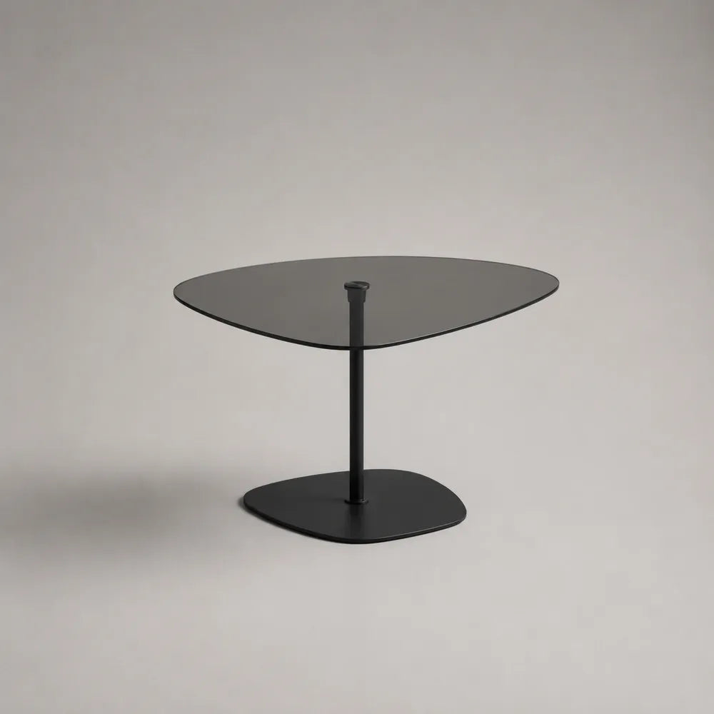 Tavolino da caffè 110x70x40 cm piano in vetro temperato fumé struttura in acciaio nero forma organica base centrale ovale
