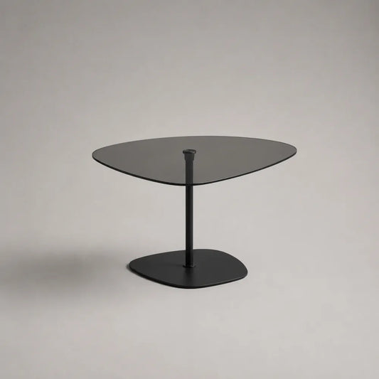 Tavolino da caffè 110x70x40 cm piano in vetro temperato fumé struttura in acciaio nero forma organica base centrale ovale