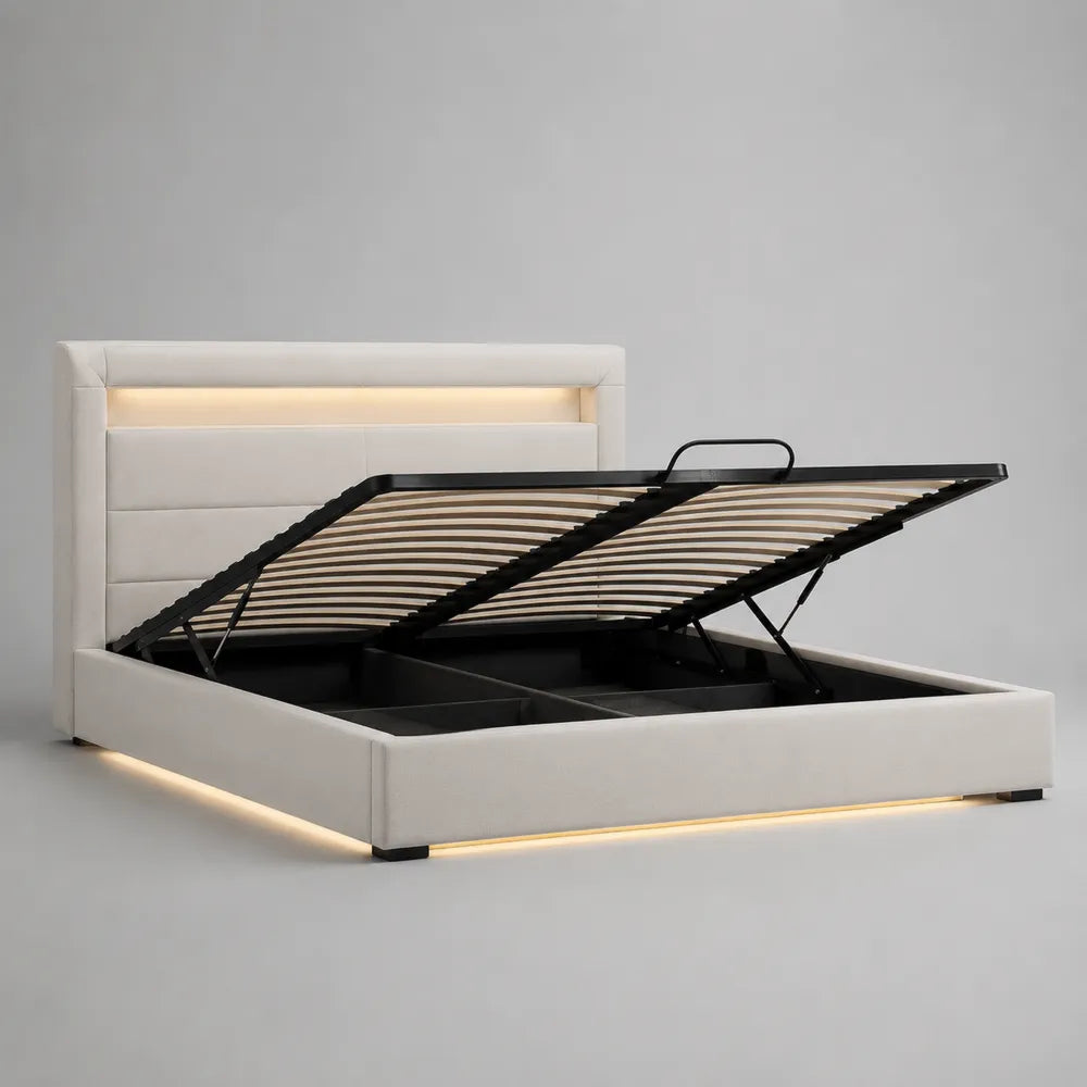 Letto contenitore matrimoniale 180 x 200 cm con rete sollevabile struttura in legno ingegnerizzato rivestimento in ecopelle bianca testiera imbottita con luce LED