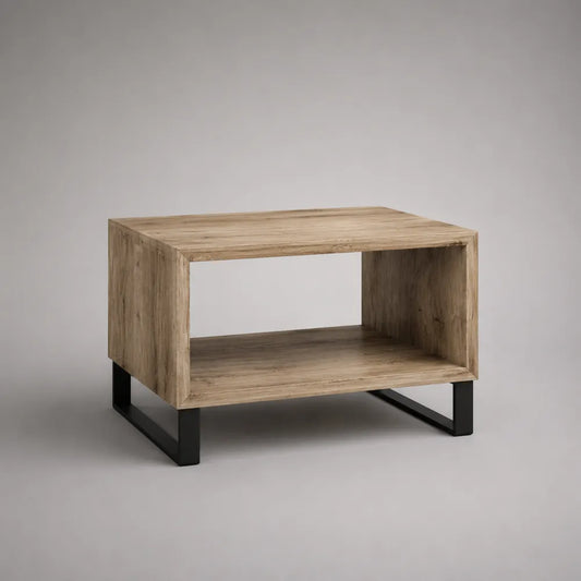 Tavolino da caffè soggiorno 100 x 60 x 45 cm legno MDF impiallacciato rovere naturale struttura in acciaio nero forma rettangolare con ripiano inferiore aperto