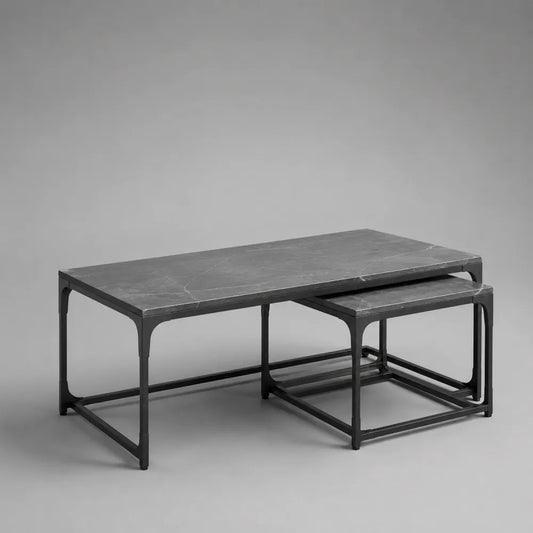 Tavolini da caffè set 2 pezzi 120x60x45 cm e 55x55x40 cm piano effetto marmo grigio struttura in acciaio verniciato nero forma rettangolare