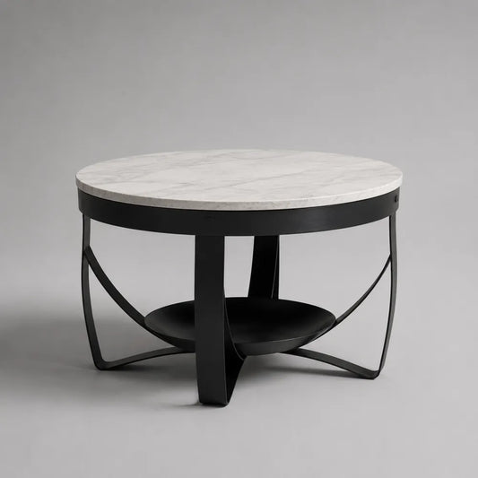 Tavolino da caffè rotondo 80 x 80 x 40 cm piano in pietra effetto marmo bianco struttura in acciaio verniciato nero con ripiano inferiore forma circolare