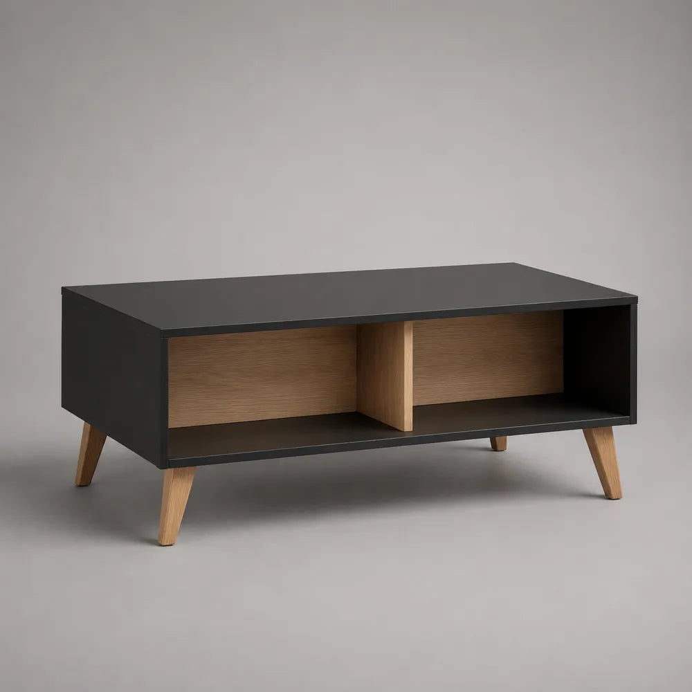 Tavolino da caffè 120x60x45 cm rettangolare in MDF nero con ripiano a giorno e gambe in legno massello effetto rovere
