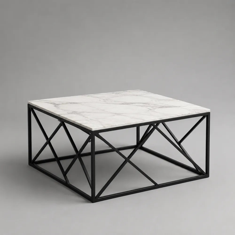 Tavolino da caffè 80x80x40 cm piano effetto marmo bianco struttura in acciaio verniciato nero forma quadrata geometrica