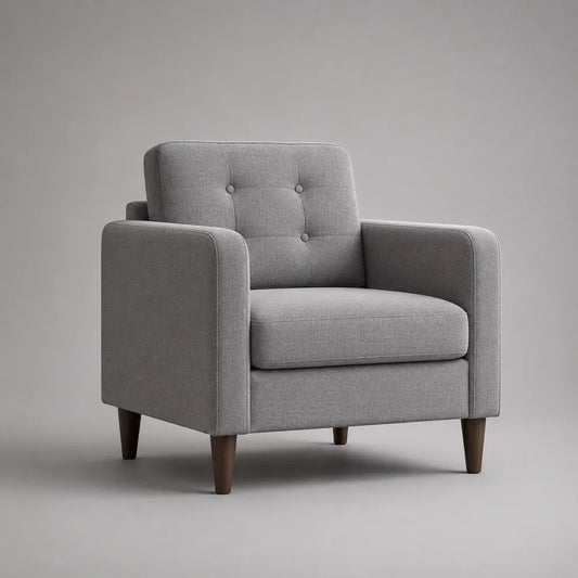 Poltrona in tessuto grigio struttura in compensato gambe in legno massello dimensioni 75 x 80 x 85 cm