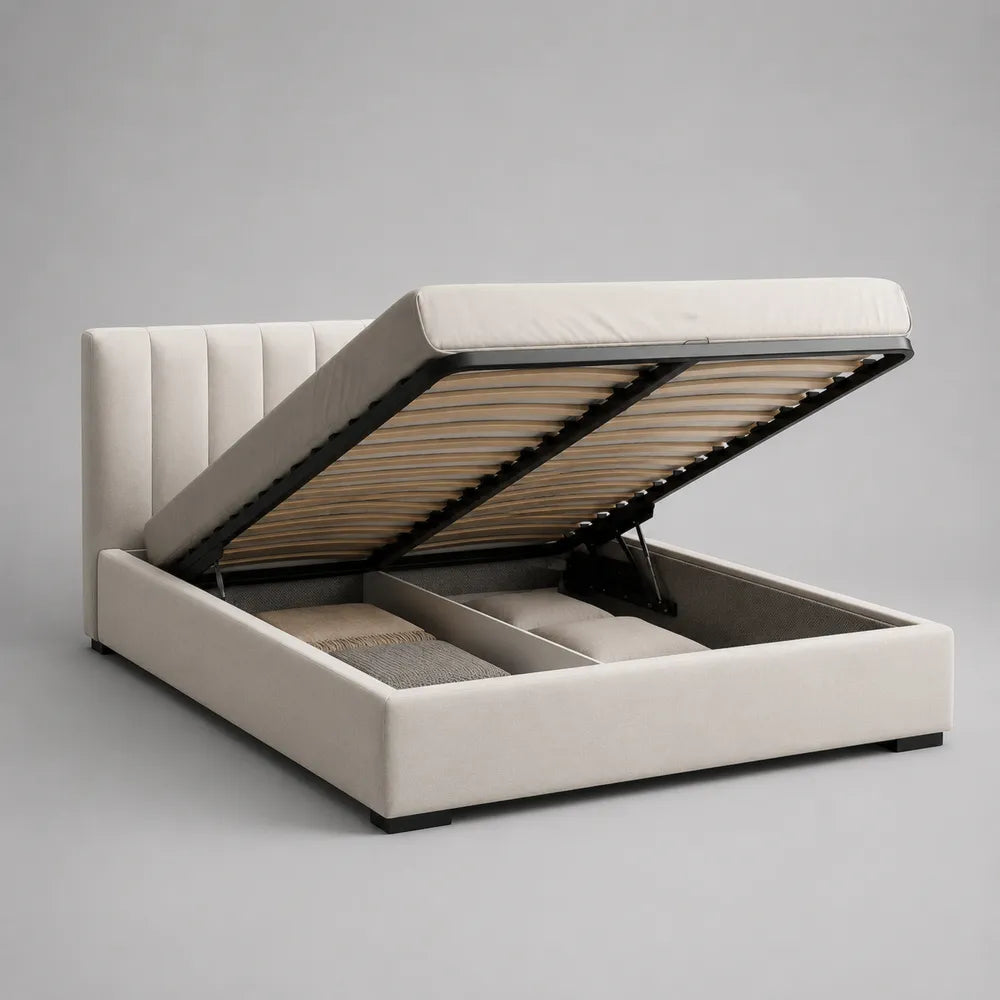 Letto contenitore matrimoniale 180 x 200 cm con rete sollevabile struttura imbottita in tessuto beige a coste verticali testiera alta