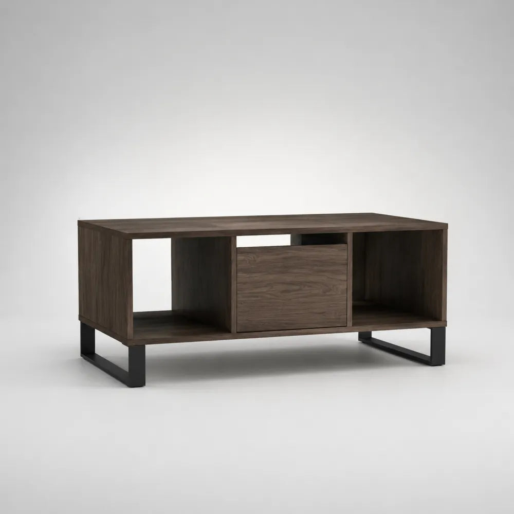 Tavolino da caffè 120x60x45 cm in MDF effetto rovere scuro con vano a giorno cassetto e gambe in metallo nero forma rettangolare
