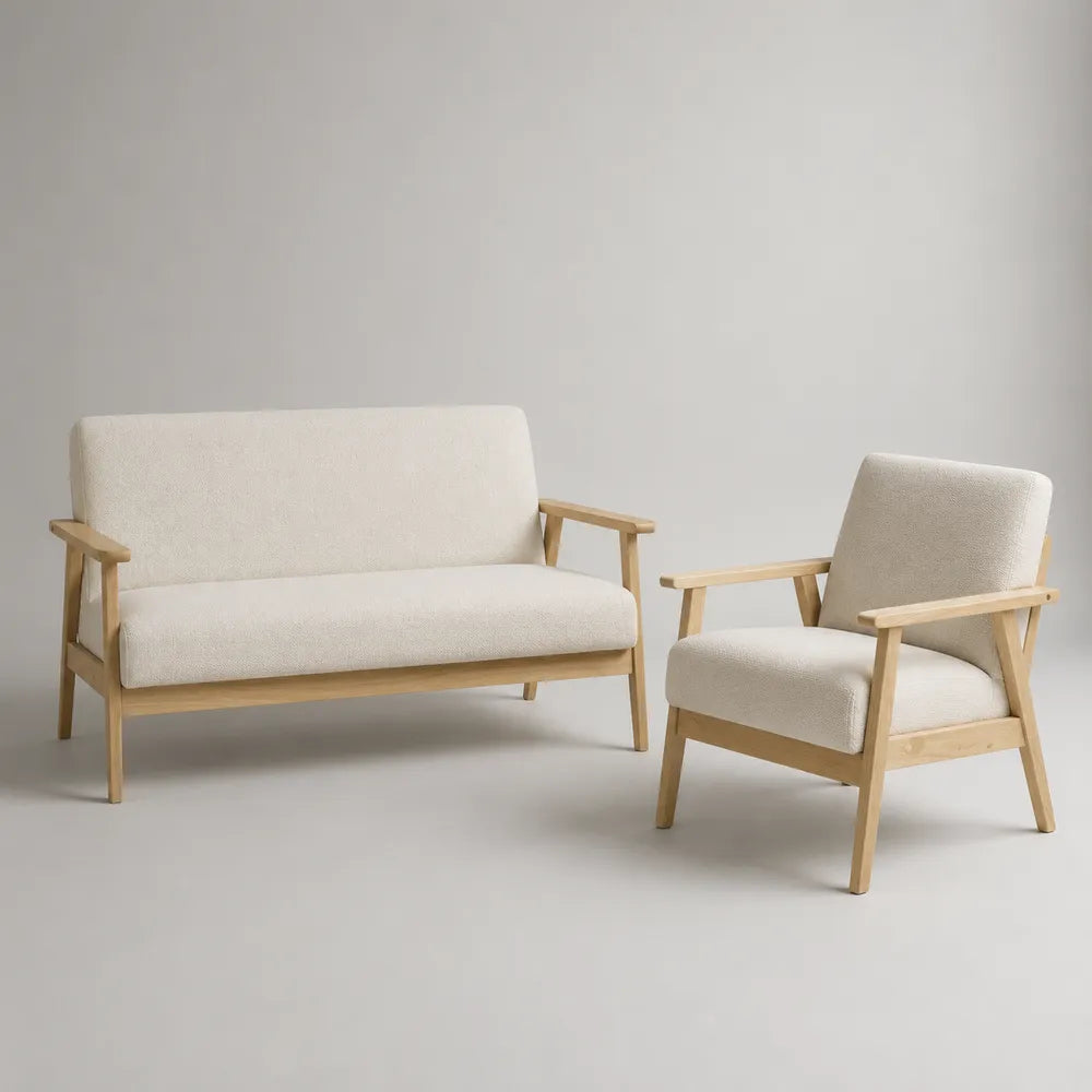 Set divano 2 posti 160 cm 80 cm 85 cm e poltrona 70 cm 80 cm 85 cm in tessuto poliestere beige struttura in legno massello con gambe in legno naturale