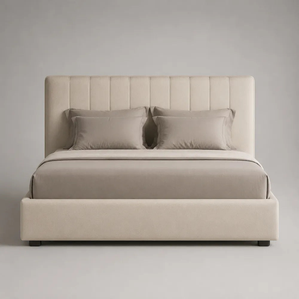 Letto contenitore matrimoniale 180 x 200 cm con rete sollevabile struttura imbottita in tessuto beige testiera alta a doghe verticali